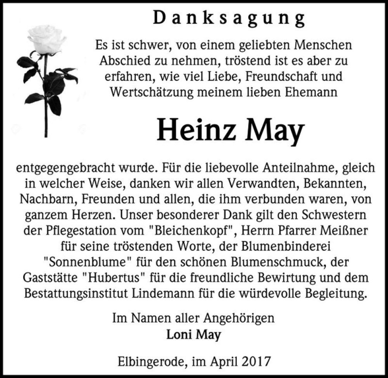  Traueranzeige für Heinz May  vom 15.04.2017 aus Magdeburger Volksstimme