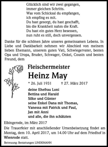 Traueranzeige von Heinz May  von Magdeburger Volksstimme