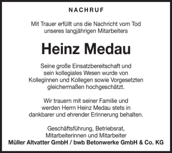 Traueranzeige von Heinz Medau  von Magdeburger Volksstimme