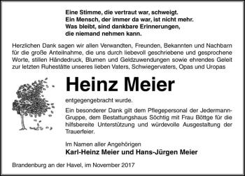Traueranzeige von Heinz Meier  von Magdeburger Volksstimme