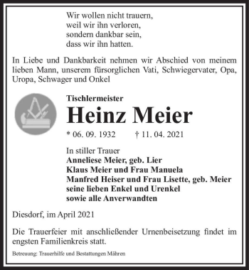 Traueranzeige von Heinz Meier  von Magdeburger Volksstimme