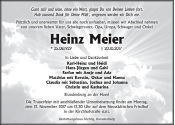 Traueranzeige von Heinz Meier  von Magdeburger Volksstimme