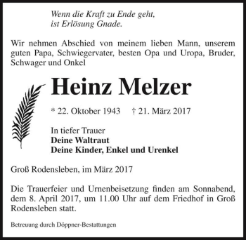 Traueranzeige von Heinz Melzer  von Magdeburger Volksstimme