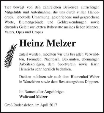 Traueranzeige von Heinz Melzer  von Magdeburger Volksstimme