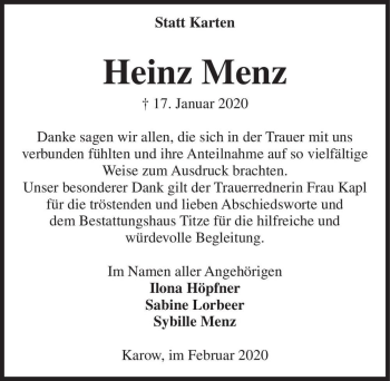 Traueranzeige von Heinz Menz  von Magdeburger Volksstimme