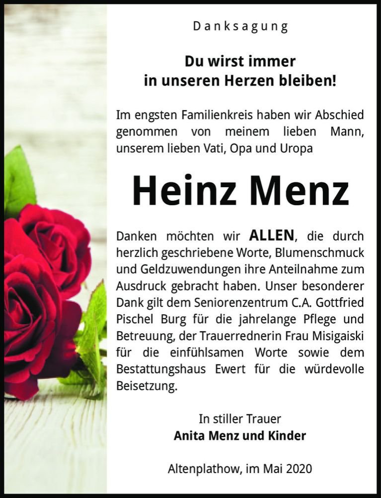  Traueranzeige für Heinz Menz  vom 06.06.2020 aus Magdeburger Volksstimme