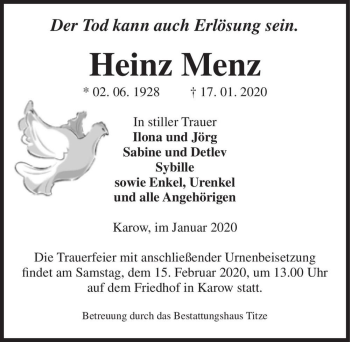 Traueranzeige von Heinz Menz  von Magdeburger Volksstimme