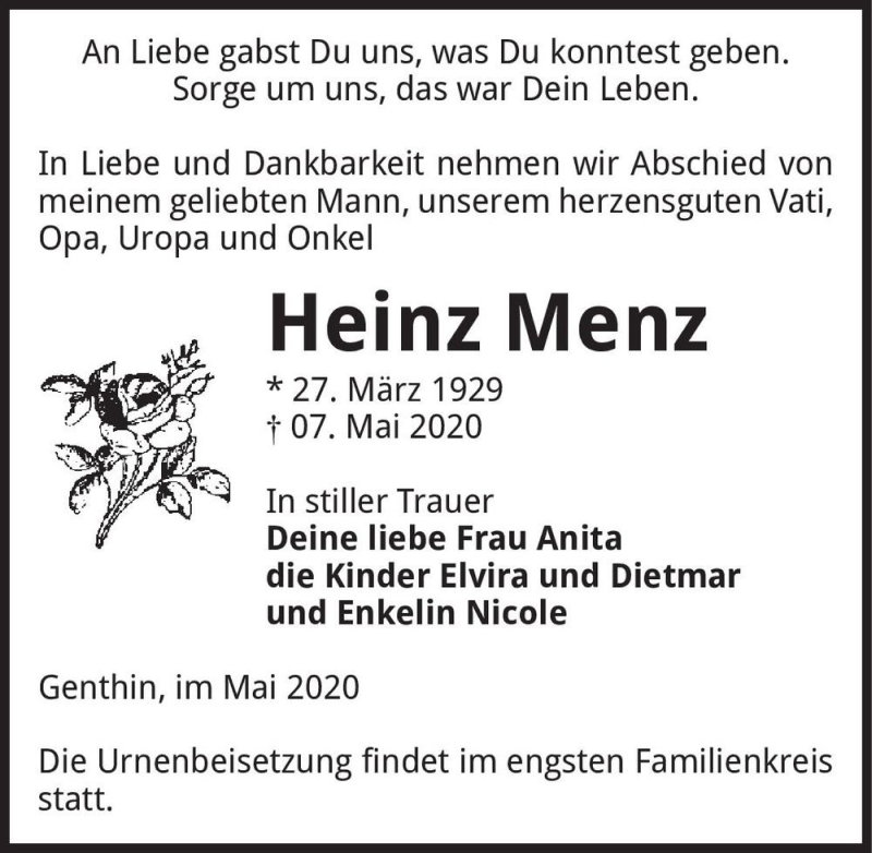  Traueranzeige für Heinz Menz  vom 16.05.2020 aus Magdeburger Volksstimme