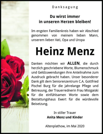 Traueranzeige von Heinz Menz  von Magdeburger Volksstimme