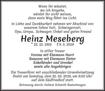 Traueranzeige von Heinz Meseberg  von Magdeburger Volksstimme