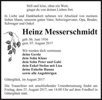 Traueranzeige von Heinz Messerschmidt  von Magdeburger Volksstimme