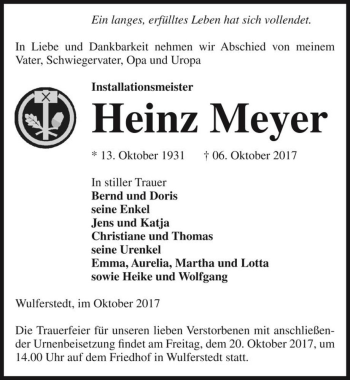 Traueranzeige von Heinz Meyer  von Magdeburger Volksstimme