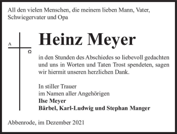 Traueranzeige von Heinz Meyer  von Magdeburger Volksstimme