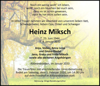 Traueranzeige von Heinz Miksch  von Magdeburger Volksstimme