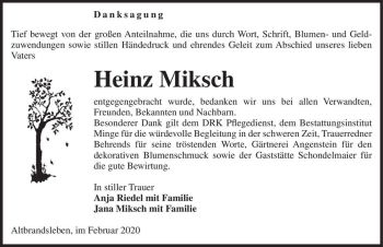 Traueranzeige von Heinz Miksch  von Magdeburger Volksstimme