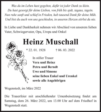 Traueranzeige von Heinz Muschall  von Magdeburger Volksstimme