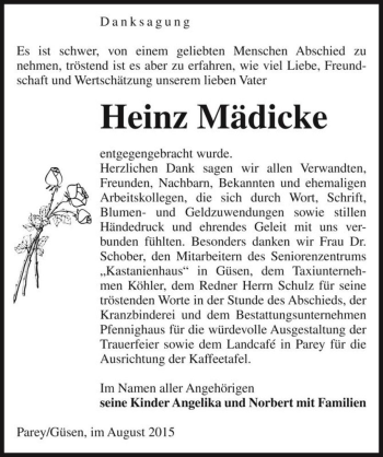 Traueranzeige von Heinz Mädicke  von Magdeburger Volksstimme