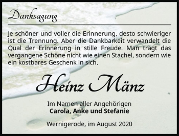 Traueranzeige von Heinz Mänz  von Magdeburger Volksstimme