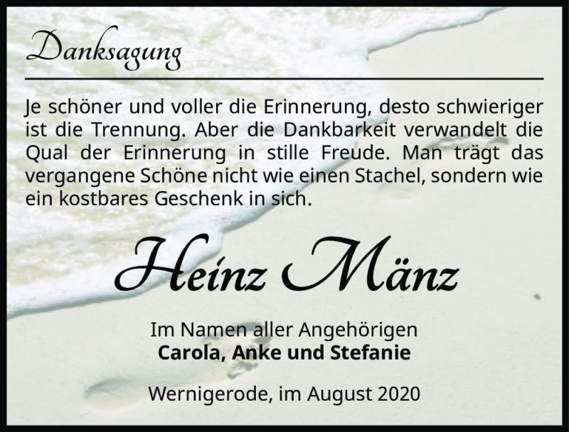  Traueranzeige für Heinz Mänz  vom 01.08.2020 aus Magdeburger Volksstimme