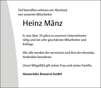 Traueranzeige von Heinz Mänz  von Magdeburger Volksstimme
