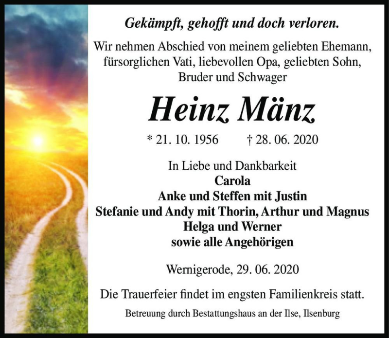  Traueranzeige für Heinz Mänz  vom 01.07.2020 aus Magdeburger Volksstimme