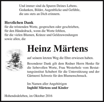 Traueranzeige von Heinz Märtens  von Magdeburger Volksstimme