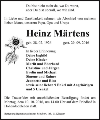 Traueranzeige von Heinz Märtens  von Magdeburger Volksstimme
