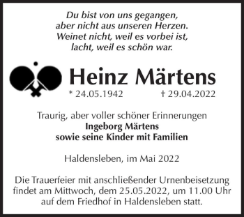 Traueranzeige von Heinz Märtens  von Magdeburger Volksstimme