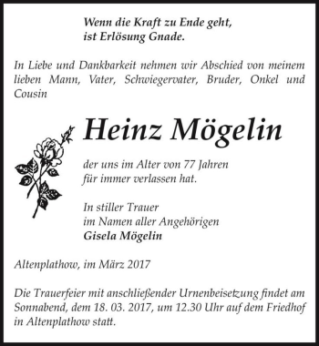 Traueranzeige von Heinz Mögelin  von Magdeburger Volksstimme