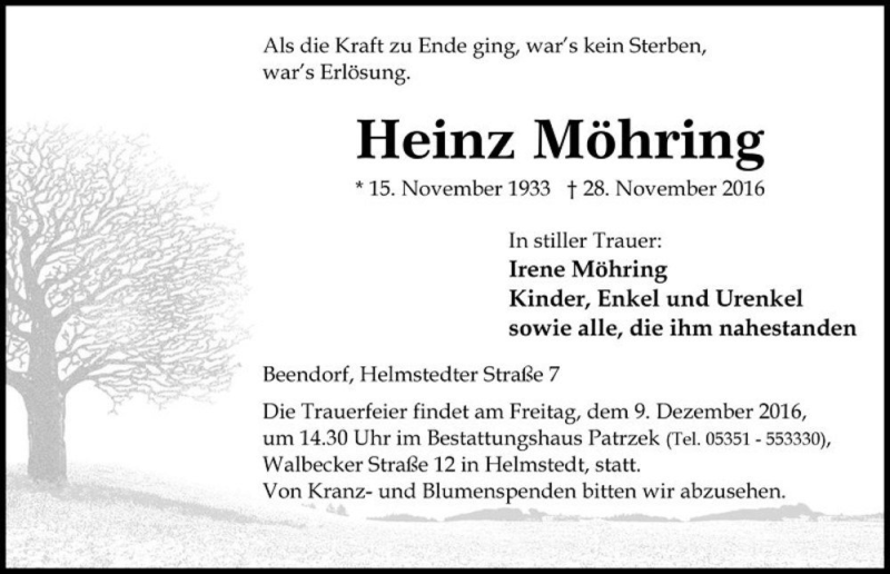  Traueranzeige für Heinz Möhring  vom 02.12.2016 aus Magdeburger Volksstimme