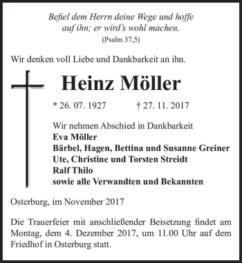 Traueranzeige von Heinz Möller  von Magdeburger Volksstimme
