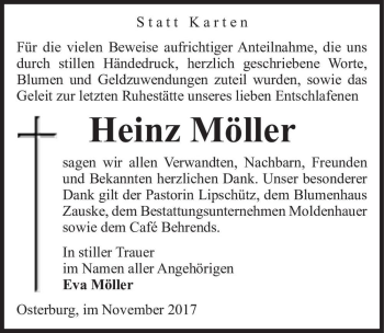 Traueranzeige von Heinz Möller  von Magdeburger Volksstimme