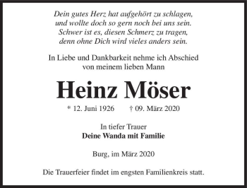 Traueranzeige von Heinz Möser  von Magdeburger Volksstimme