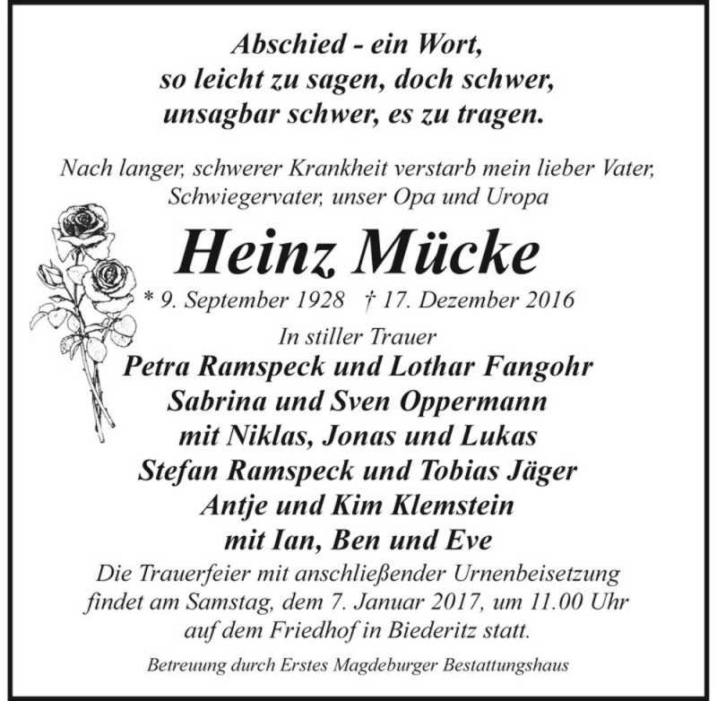  Traueranzeige für Heinz Mücke  vom 24.12.2016 aus Magdeburger Volksstimme