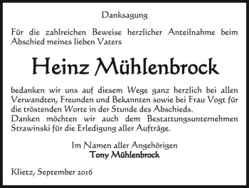 Traueranzeige von Heinz Mühlenbrock  von Magdeburger Volksstimme