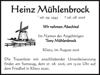 Traueranzeige von Heinz Mühlenbrock  von Magdeburger Volksstimme