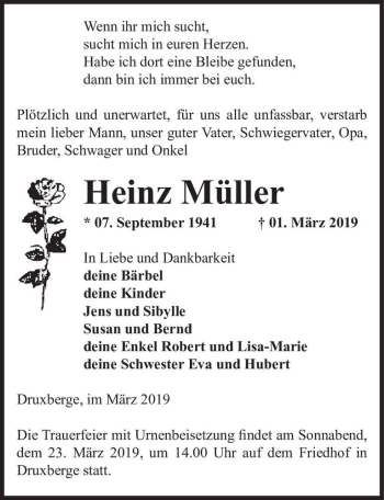 Traueranzeige von Heinz Müller  von Magdeburger Volksstimme