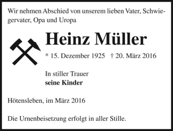 Traueranzeige von Heinz Müller  von Magdeburger Volksstimme