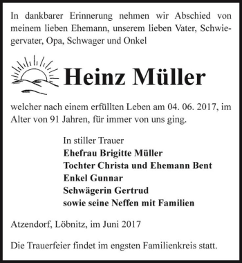 Traueranzeige von Heinz Müller  von Magdeburger Volksstimme