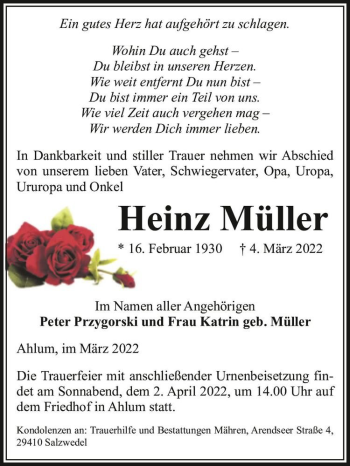 Traueranzeige von Heinz Müller  von Magdeburger Volksstimme