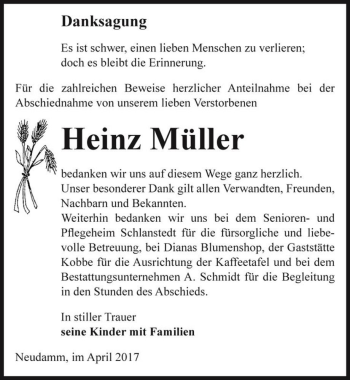 Traueranzeige von Heinz Müller  von Magdeburger Volksstimme