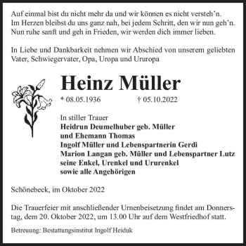 Traueranzeige von Heinz Müller  von Magdeburger Volksstimme