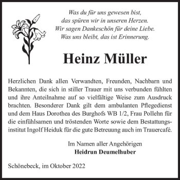 Traueranzeige von Heinz Müller  von Magdeburger Volksstimme