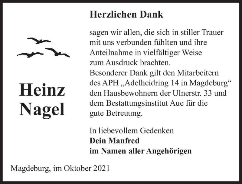  Traueranzeige für Heinz Nagel  vom 23.10.2021 aus Magdeburger Volksstimme