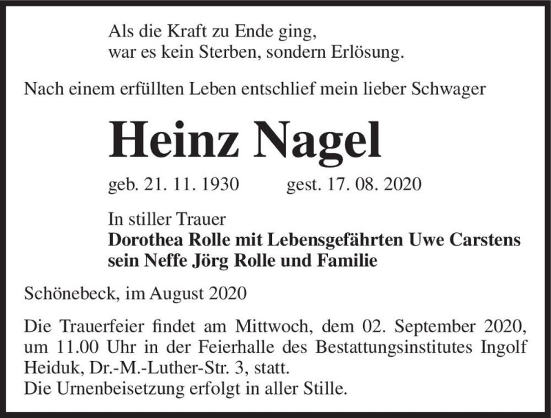  Traueranzeige für Heinz Nagel  vom 22.08.2020 aus Magdeburger Volksstimme