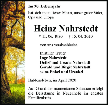 Traueranzeige von Heinz Nahrstedt  von Magdeburger Volksstimme