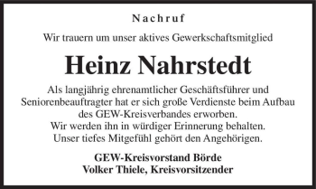 Traueranzeige von Heinz Nahrstedt  von Magdeburger Volksstimme