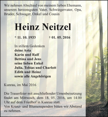Traueranzeige von Heinz Neitzel  von Magdeburger Volksstimme