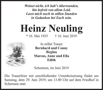 Traueranzeige von Heinz Neuling  von Magdeburger Volksstimme