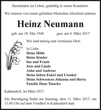 Traueranzeige von Heinz Neumann  von Magdeburger Volksstimme